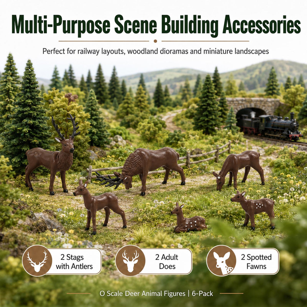 HFANO7177 6pcs O Scale 1:48 Reed Deer Stag Doe & Fawn Deer Set Model Wild Animal