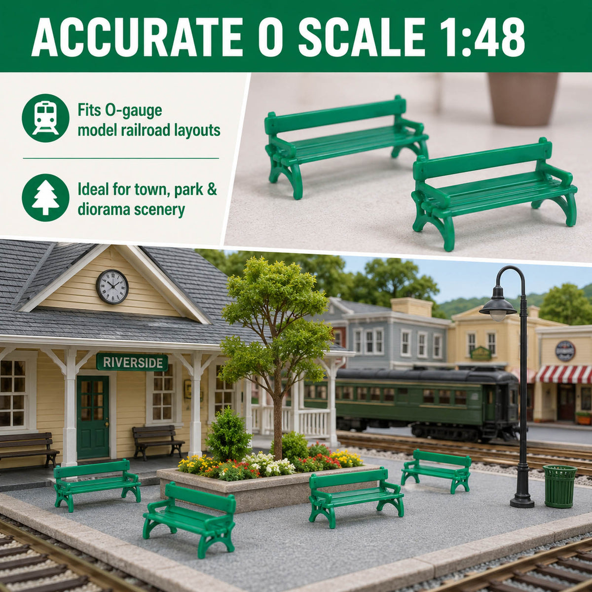 HFYO7058 6pcs O Scale 1:48 Green Benches Seats Chairs for Model Park Station Platform