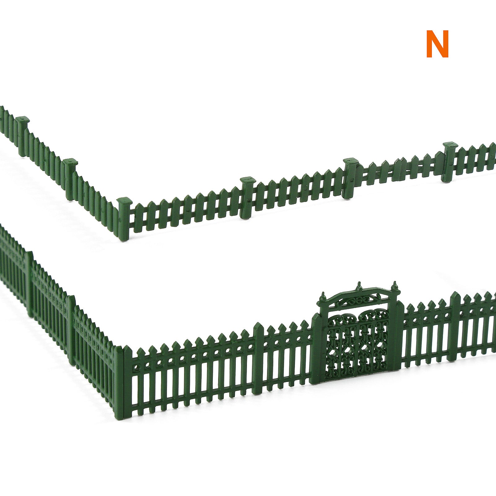 LGN 1 Unit N Scale 1:160 Painted Green Model Fence with Gates Plastic Fencing with Door Kit