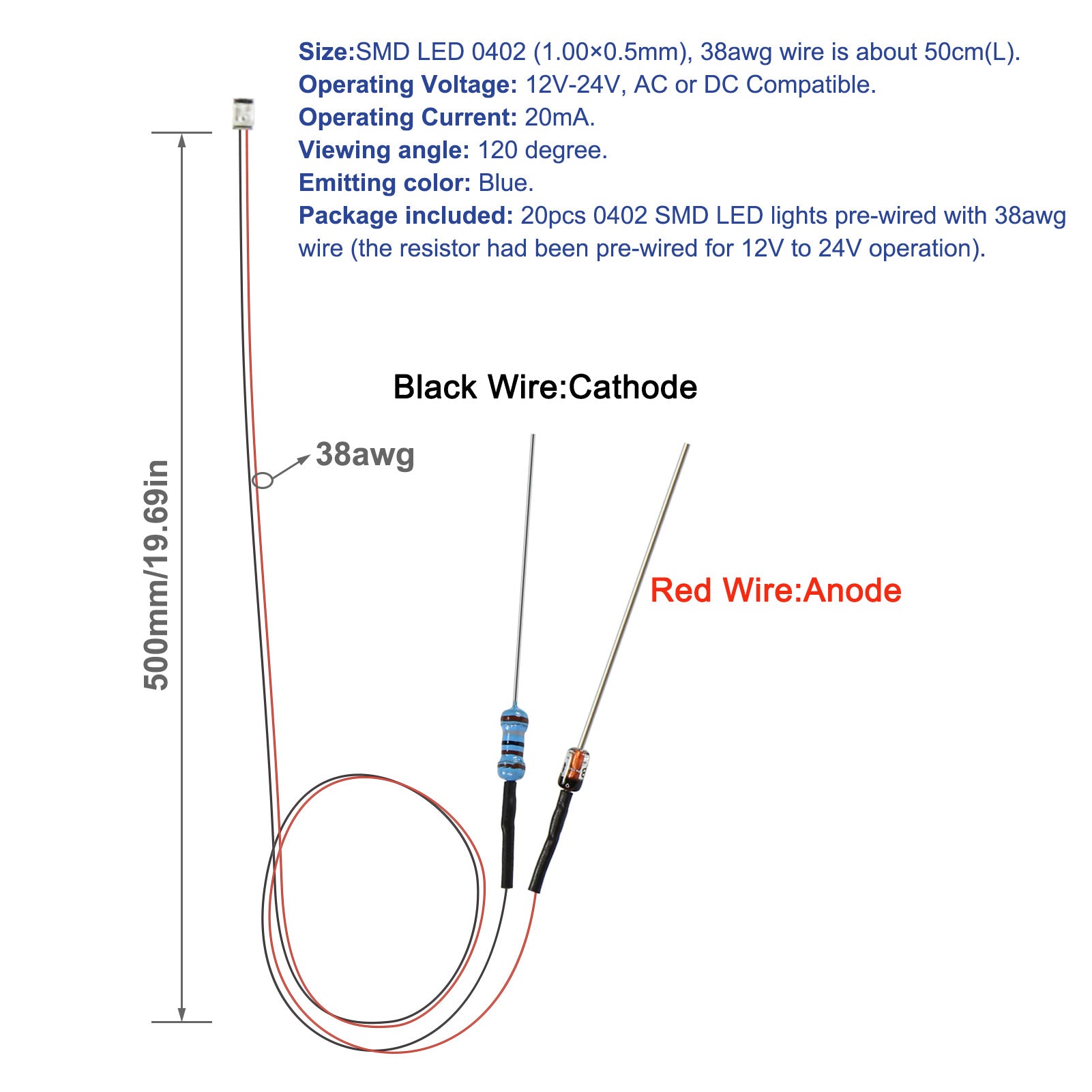 LR0402 20pcs 50cm Pre-wired Wire 0402 SMD LED Lights with Resistor Rectifier