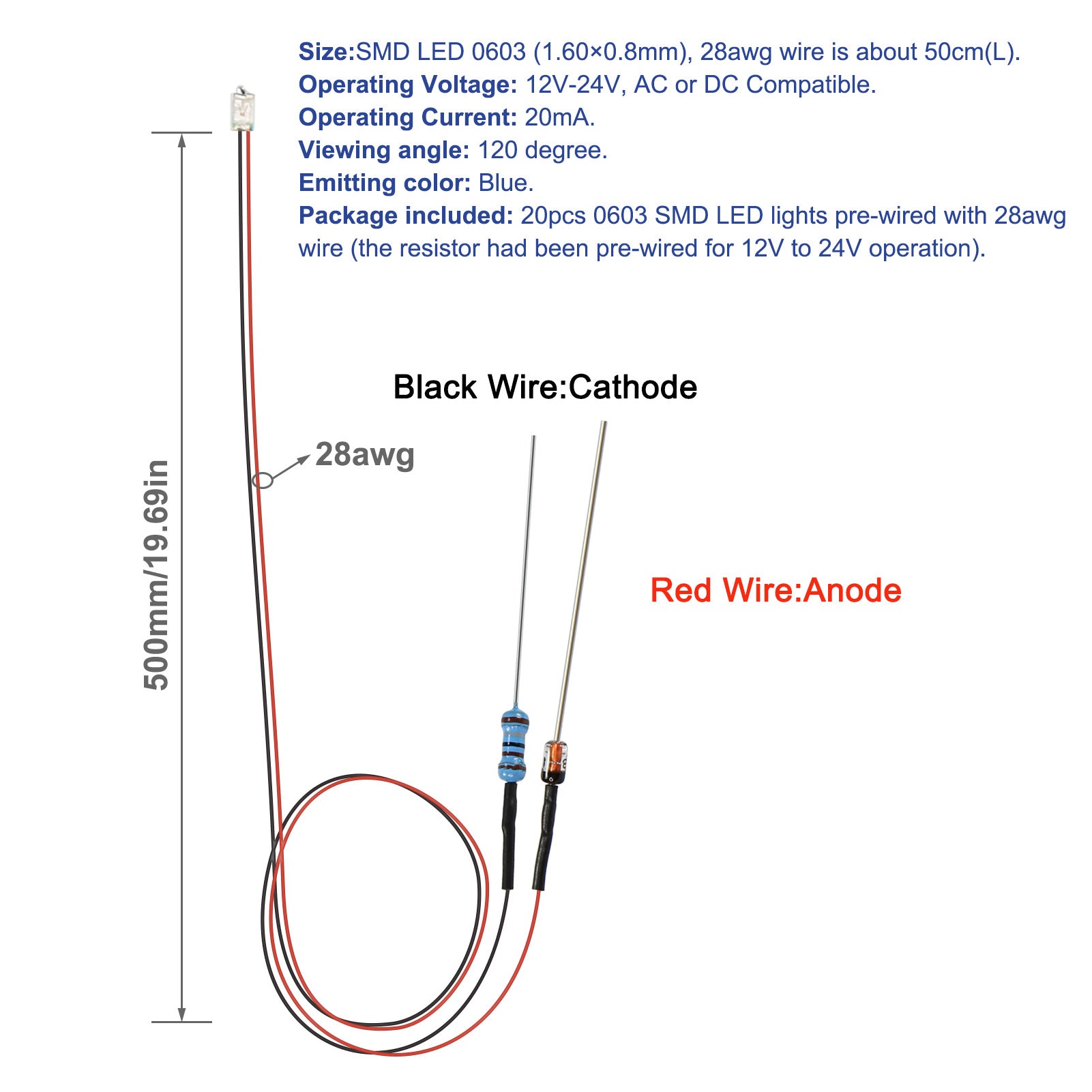 LR0603 20pcs Pre-wired 50cm Wire 0603 SMD LED Lights with Resistor Rectifier