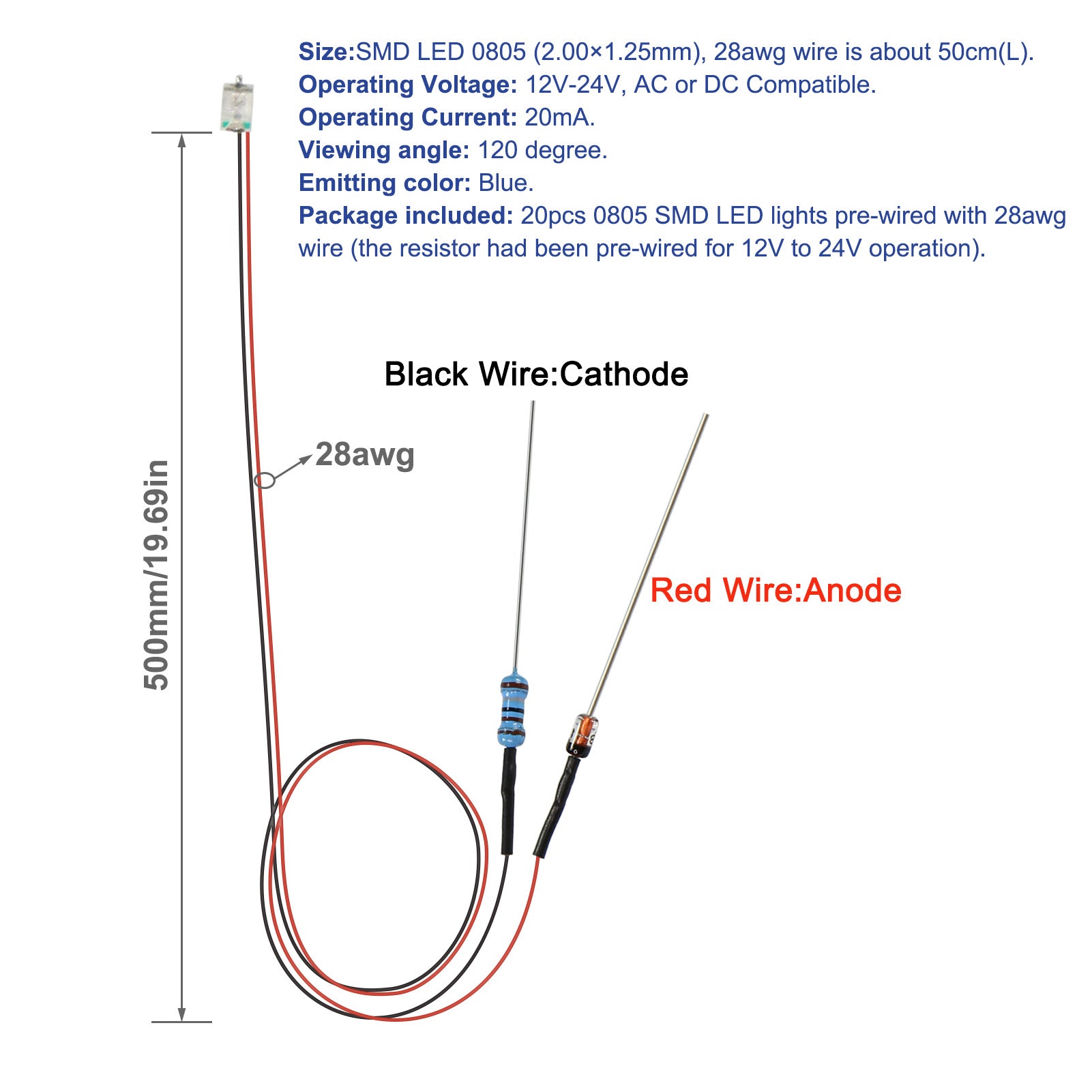 LR0805 20pcs Pre-wired 50cm Wire 0805 SMD LED Lights with Resistor Rectifier