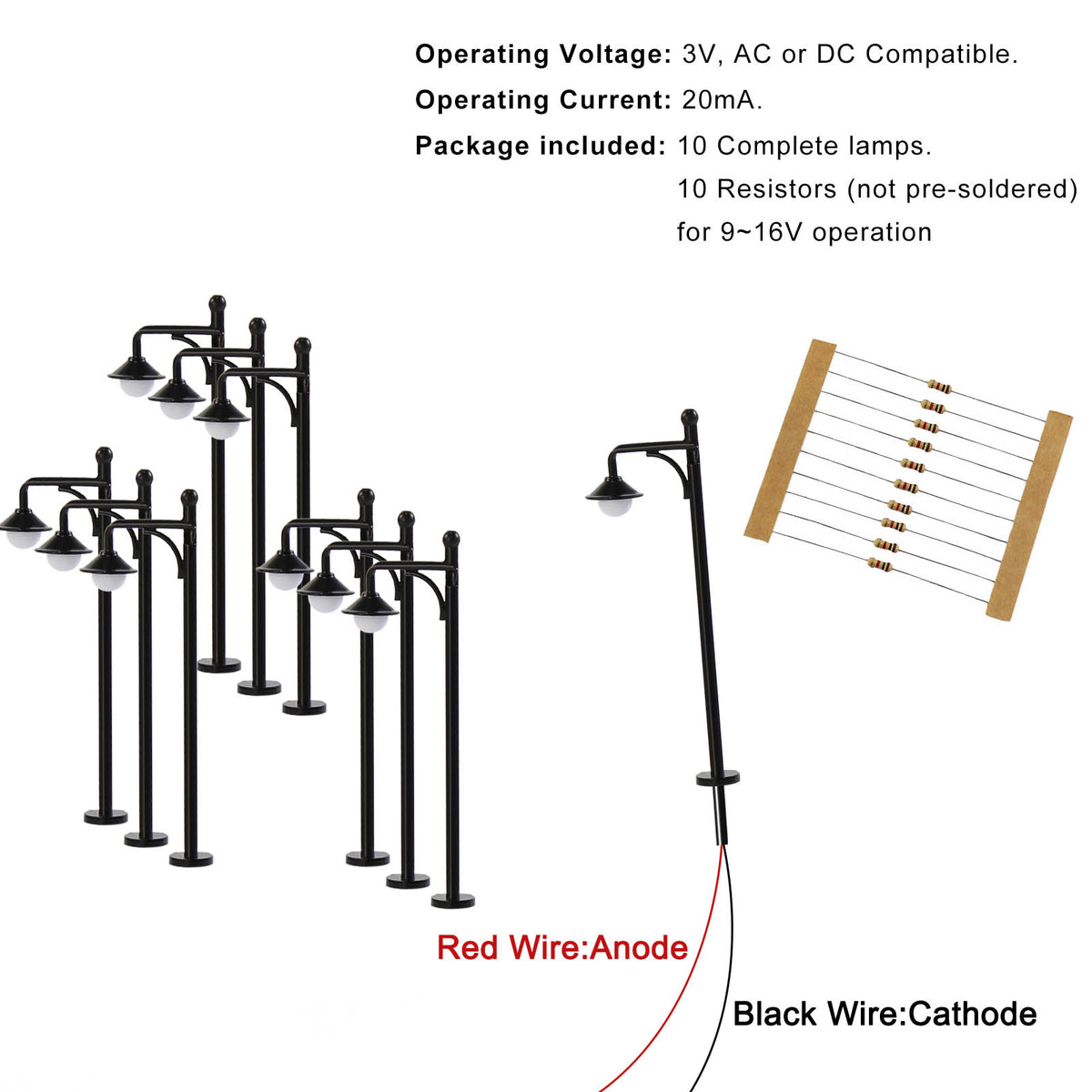 LYM21 10pcs N Scale 1:160 Lamppost Street Light LED