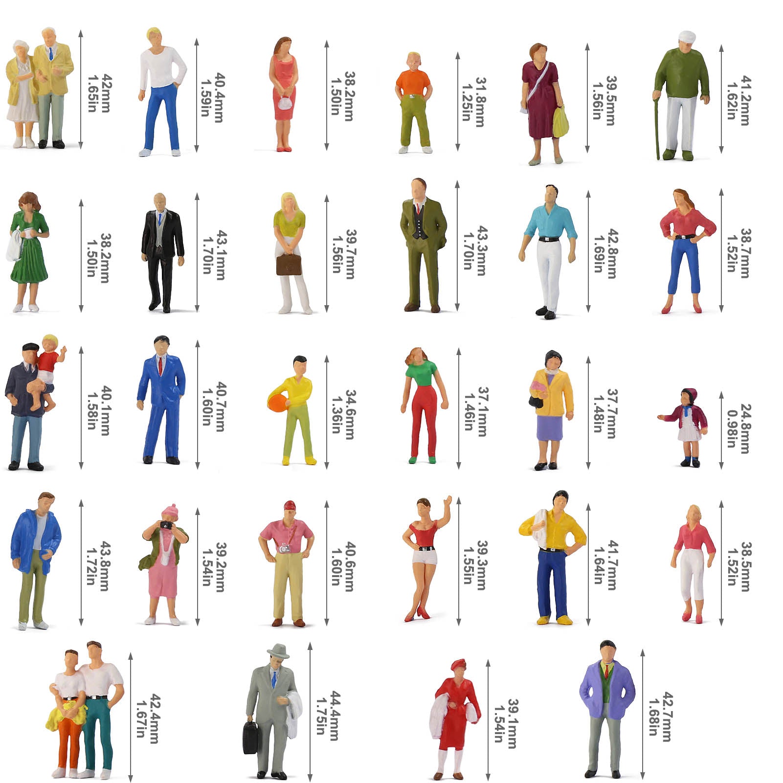 P4312 30pcs O Scale 1:43 Painted Colorful Figures Scale Standing People Model Railway