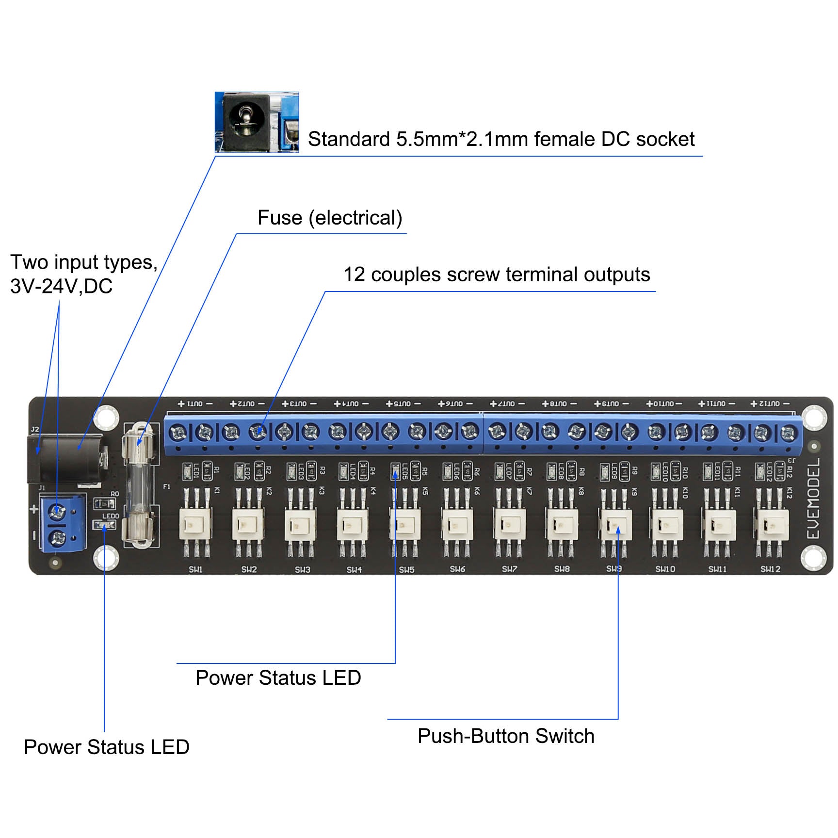 PCB017 1 Unit 3V-24V DC Power Distribution 12 Channels OR 8 Channels Module Push-Button Switch