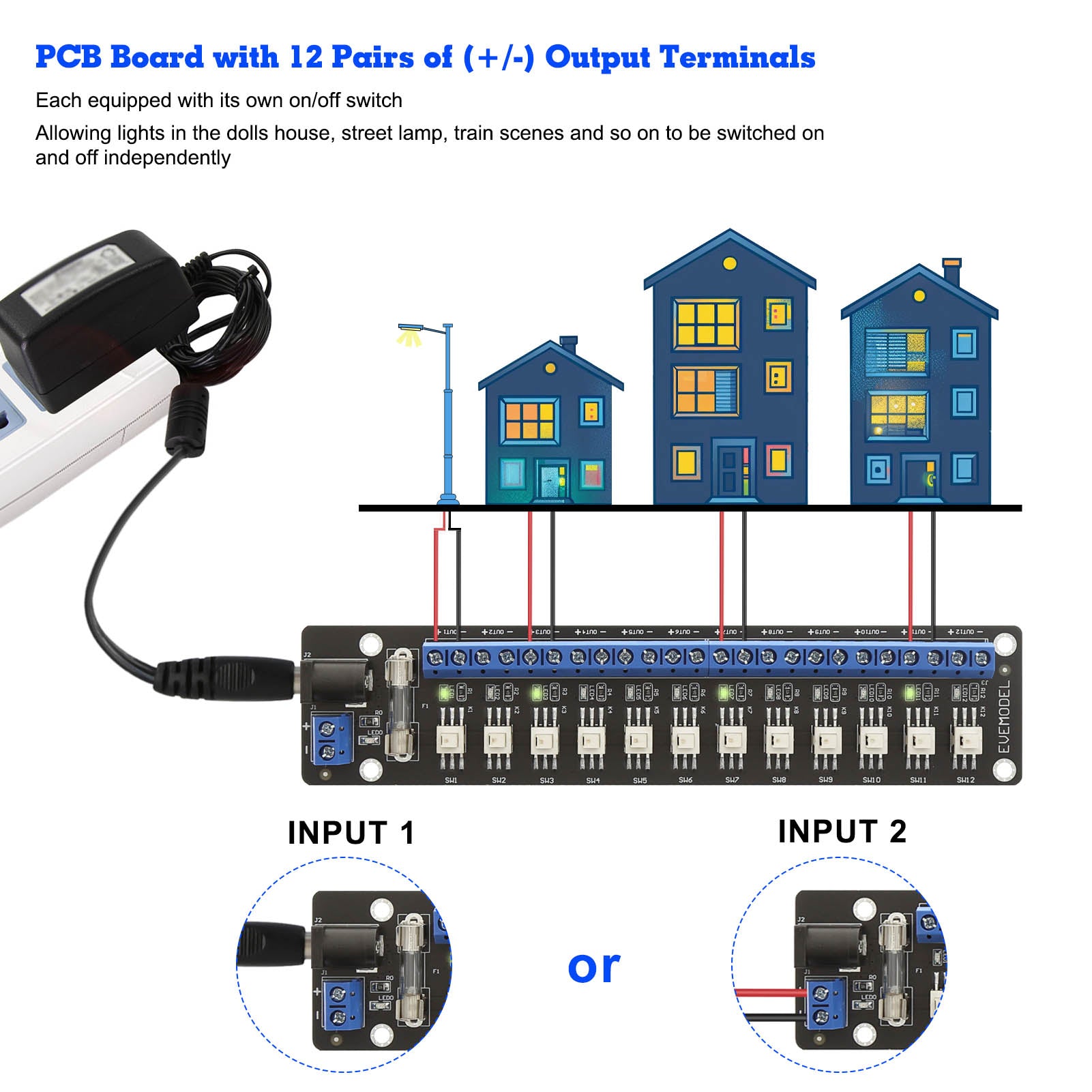 PCB017 1 Unit 3V-24V DC Power Distribution 12 Channels OR 8 Channels Module Push-Button Switch