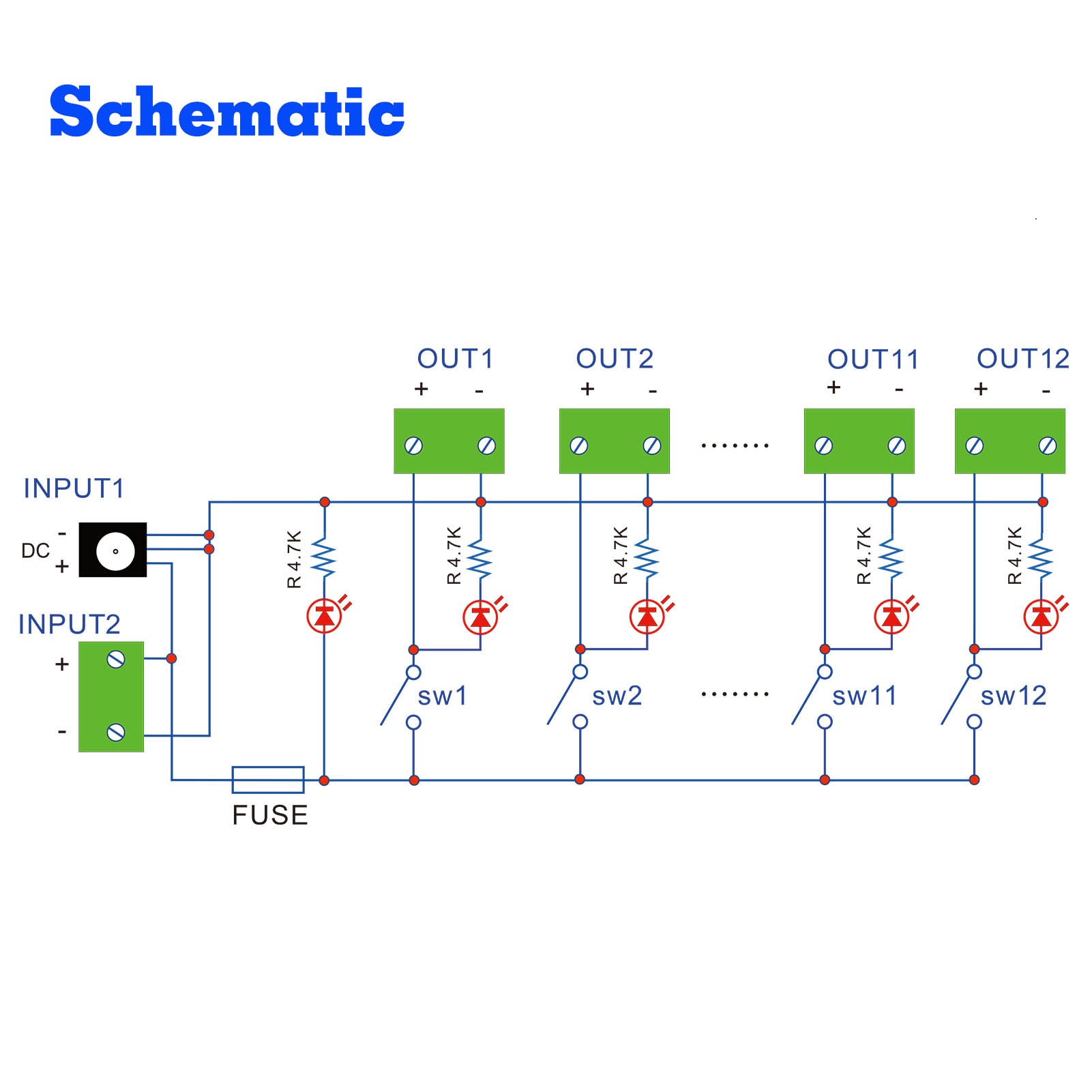 PCB017 1 Unit 3V-24V DC Power Distribution 12 Channels OR 8 Channels Module Push-Button Switch