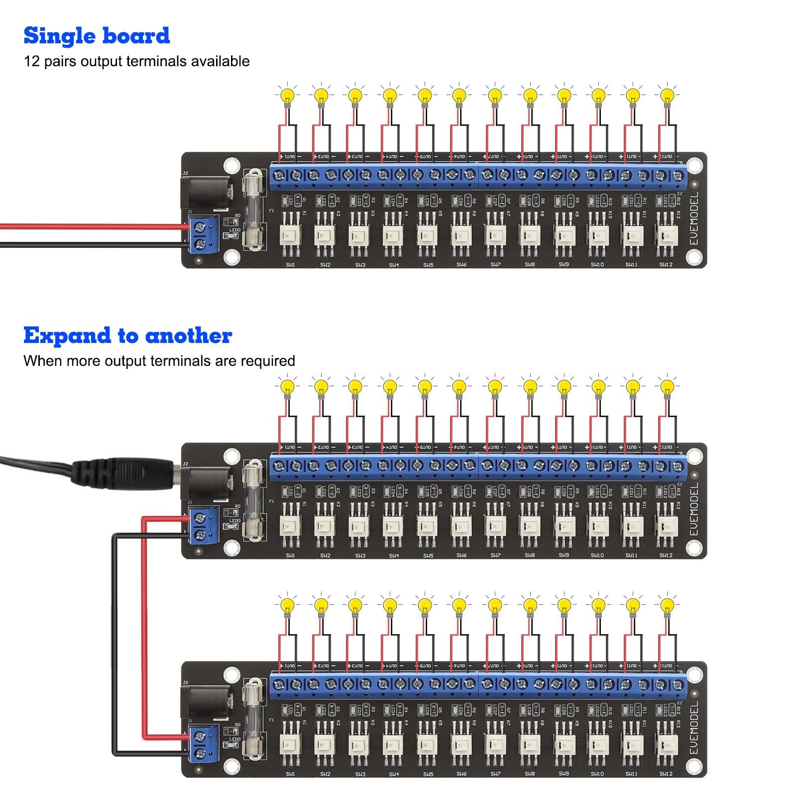 PCB017 1 Unit 3V-24V DC Power Distribution 12 Channels OR 8 Channels Module Push-Button Switch