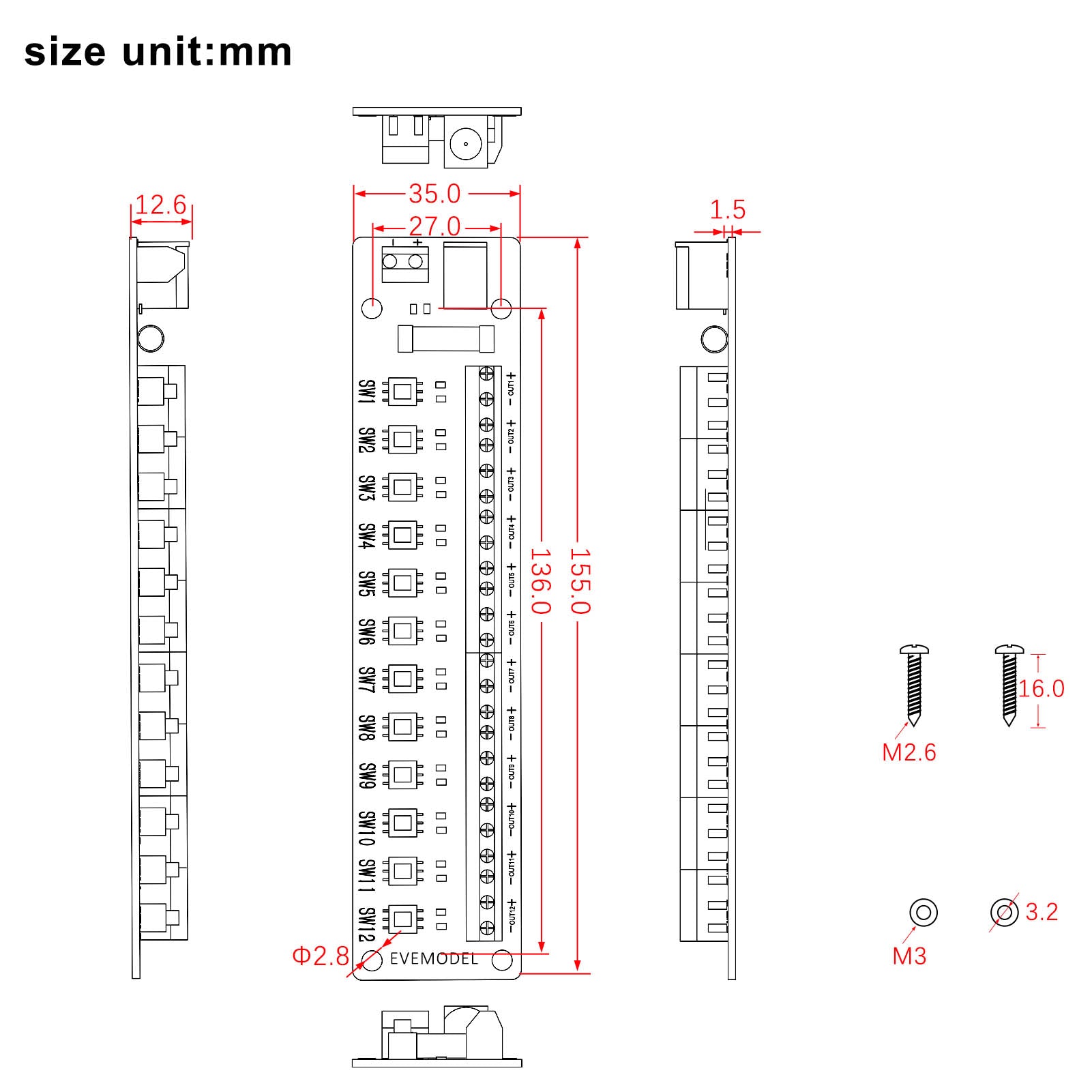 PCB017 1 Unit 3V-24V DC Power Distribution 12 Channels OR 8 Channels Module Push-Button Switch