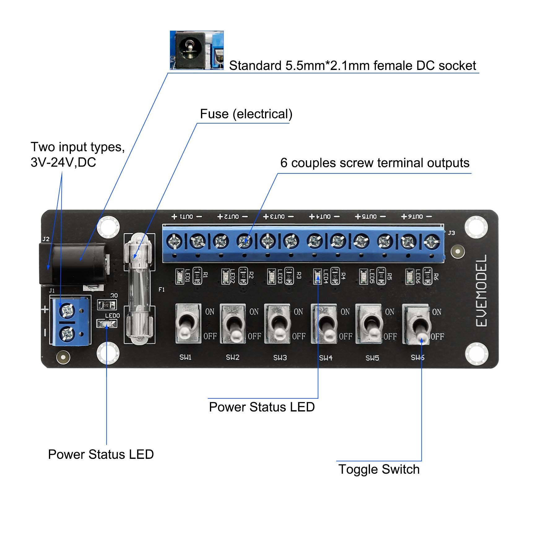 PCB019 1 Unit 3V-24V DC Individual Toggle Switch Power Distribution Module