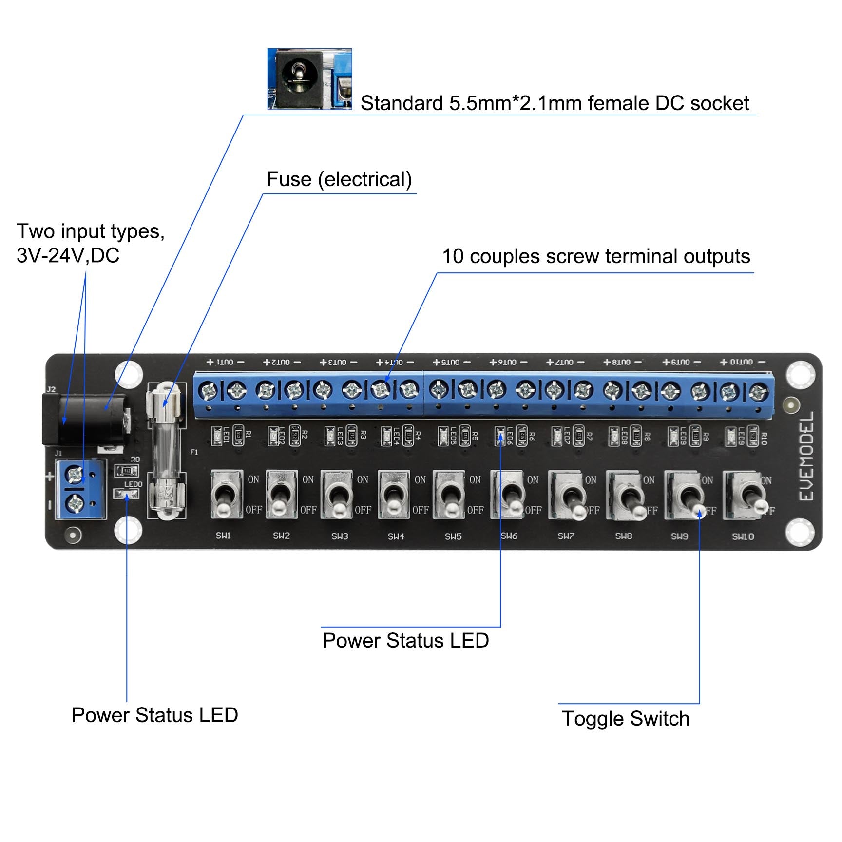 PCB019 1 Unit 3V-24V DC Individual Toggle Switch Power Distribution Module