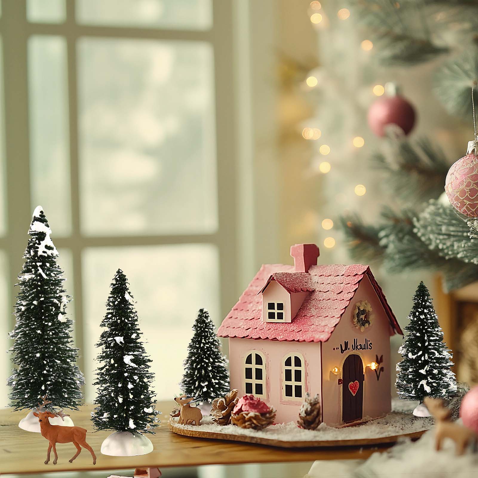 XS0804 20pcs Snowy Pine Trees Mini Christmas Trees Covered Snow with White Bases