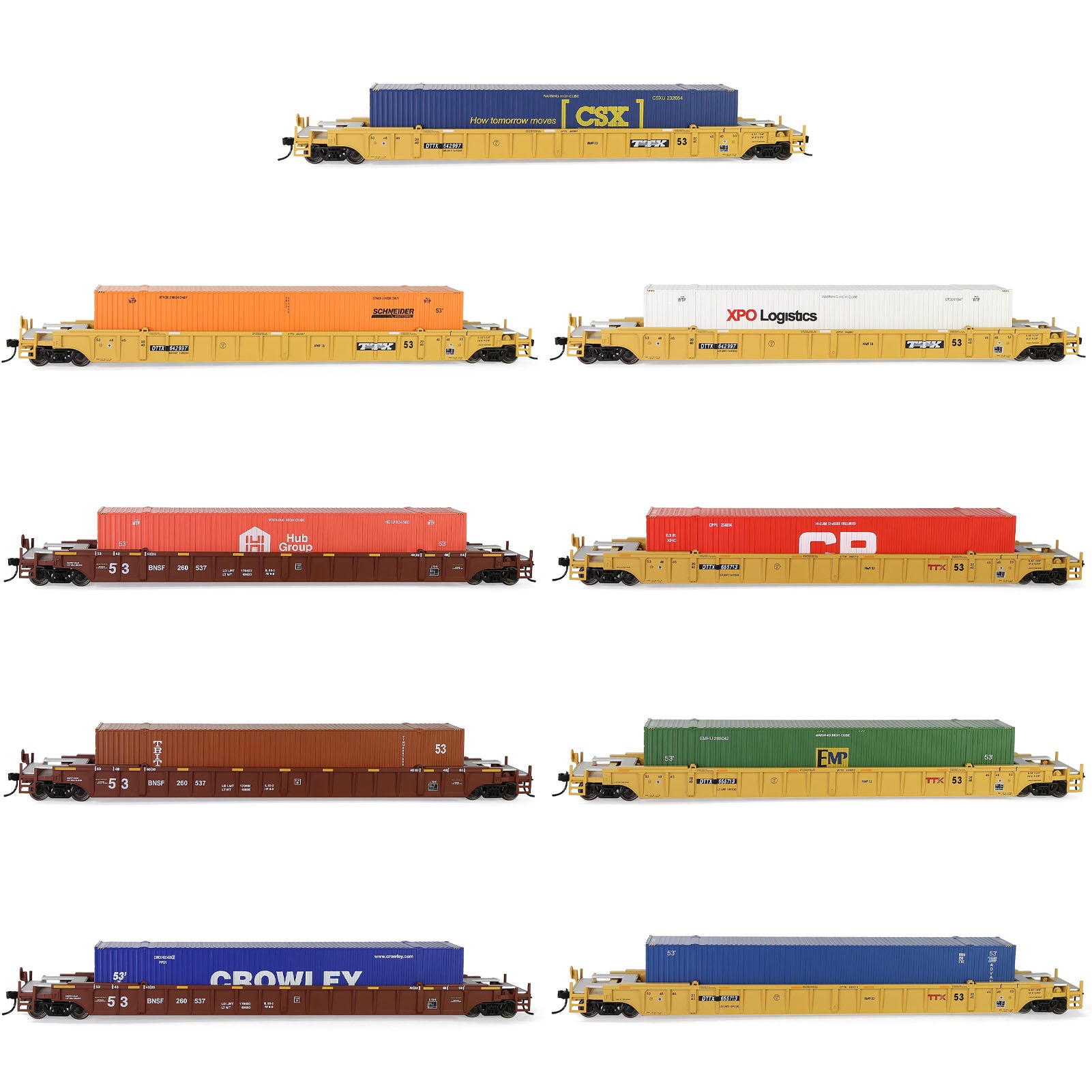 C8759M One Set HO Scale 1:87 53' Well Car Low Side Flat Car with Containers