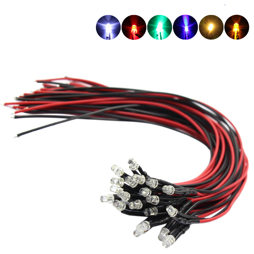 L123 20pcs Pre-wired 3mm LED Lamp Light 30cm Clear Wire