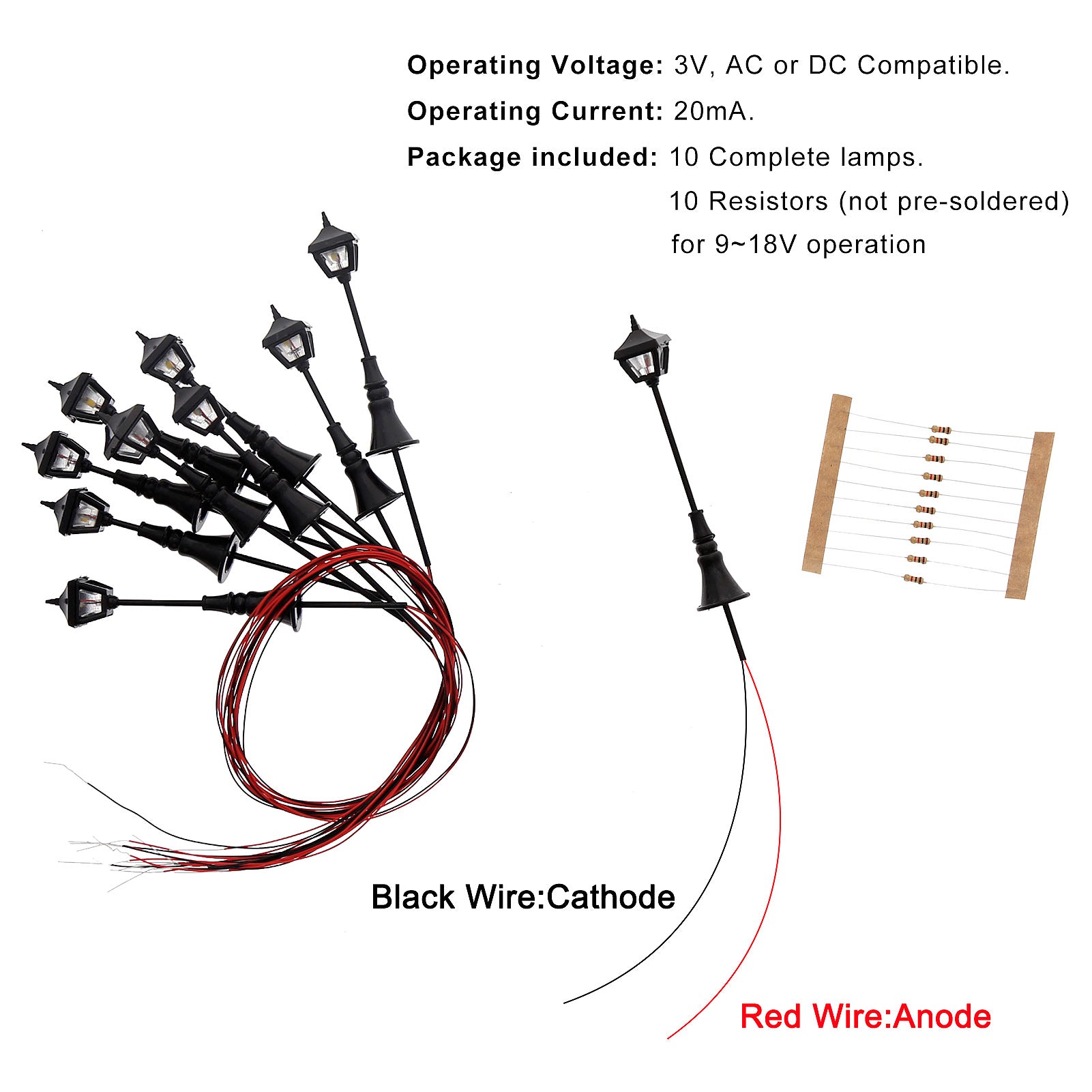 LFT09HOWM 10pcs HO/TT Scale 1:87 Vintage Lamps Street Light LED