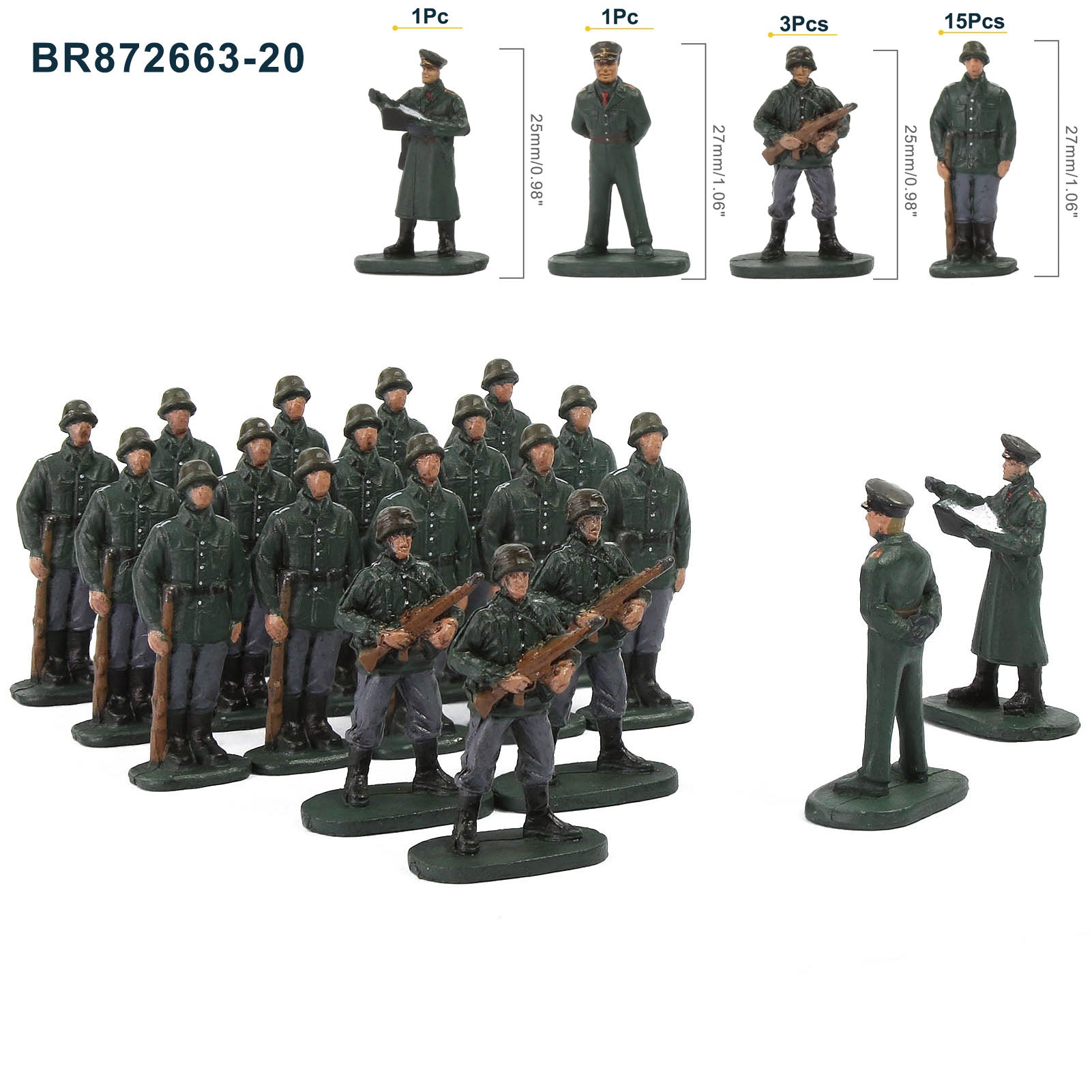 BR87 20pcs HO Scale 1:87 Model 18 Soldiers and 2 Officers Military Fig