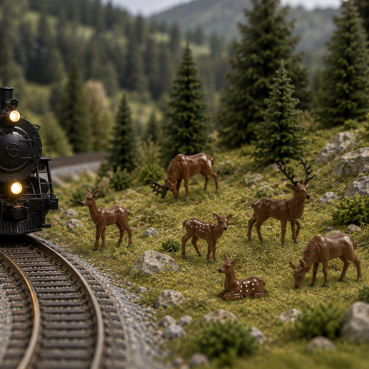 HFANO7177 6pcs O Scale 1:48 Reed Deer Stag Doe & Fawn Deer Set Model Wild Animal
