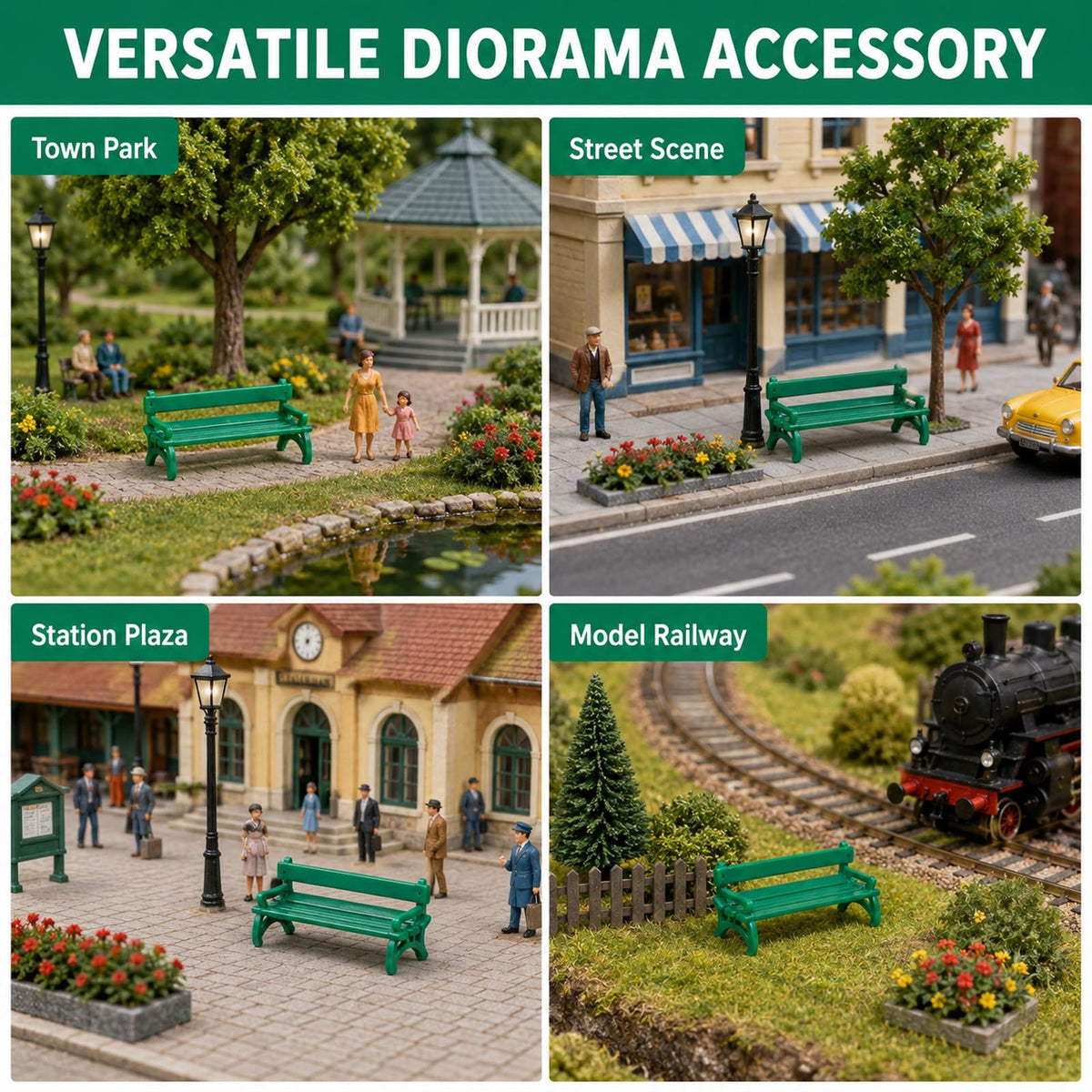 HFYO7058 6pcs O Scale 1:48 Green Benches Seats Chairs for Model Park Station Platform