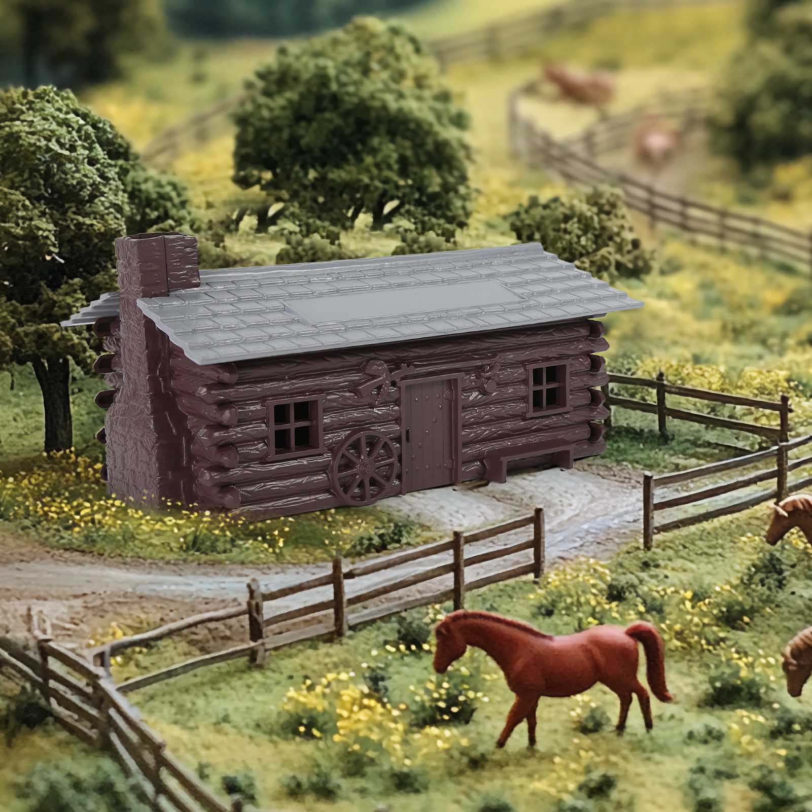 JZO02P 1 Unit O Scale 1:50 Painted Hunter's Log Cabin with Corral for Model Railroad