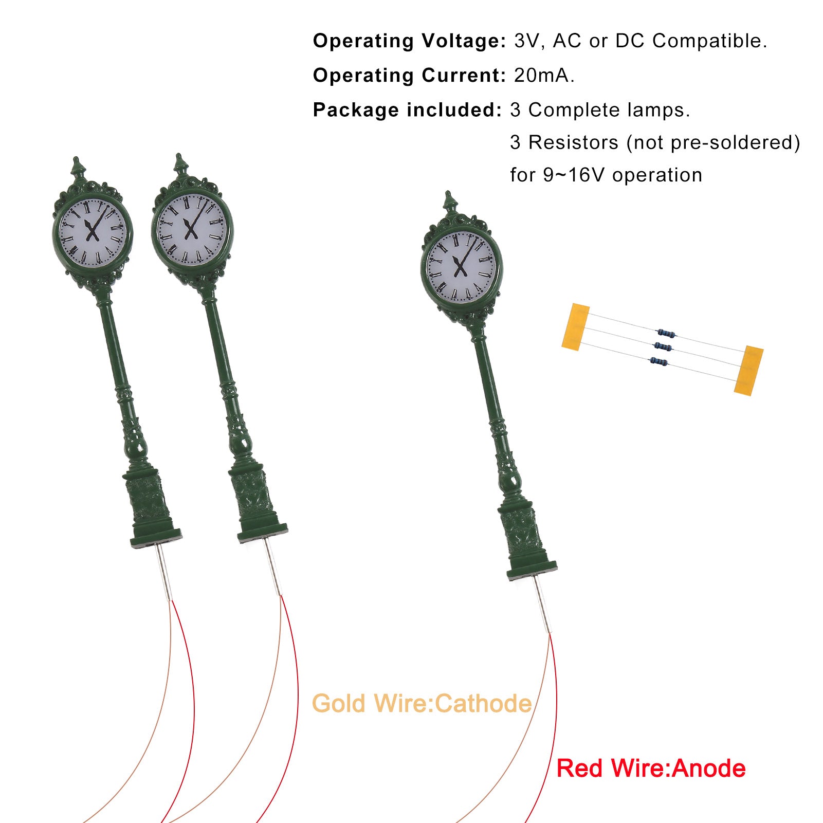 LD37 3pcs N Scale 1:160 HO Scale 1:87 Green Platform Clock Lamps Warm White LED