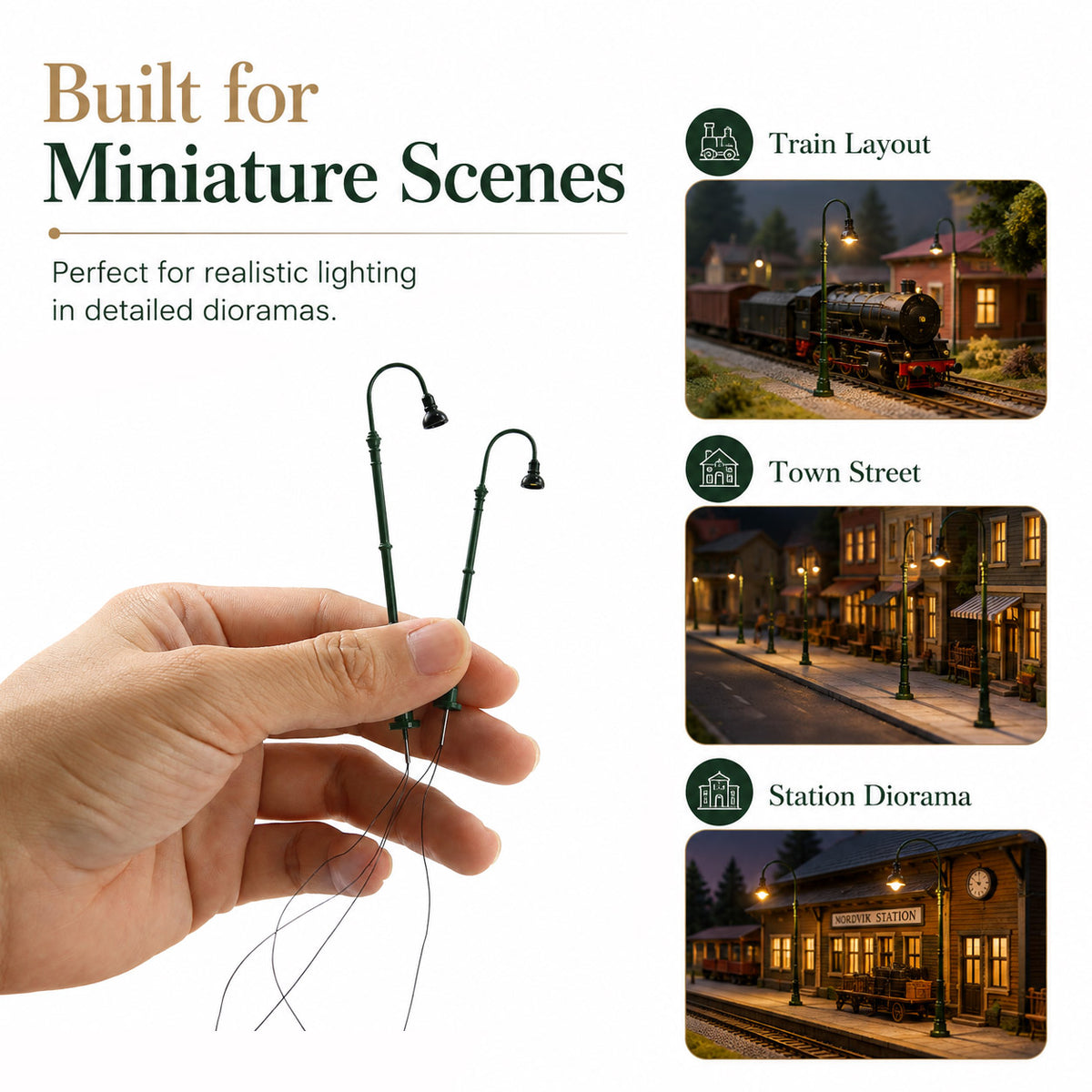 LD40HOWMG 5pcs HO Scale1:87 Green Metal Gas Lamps Warm White LED Model Railway