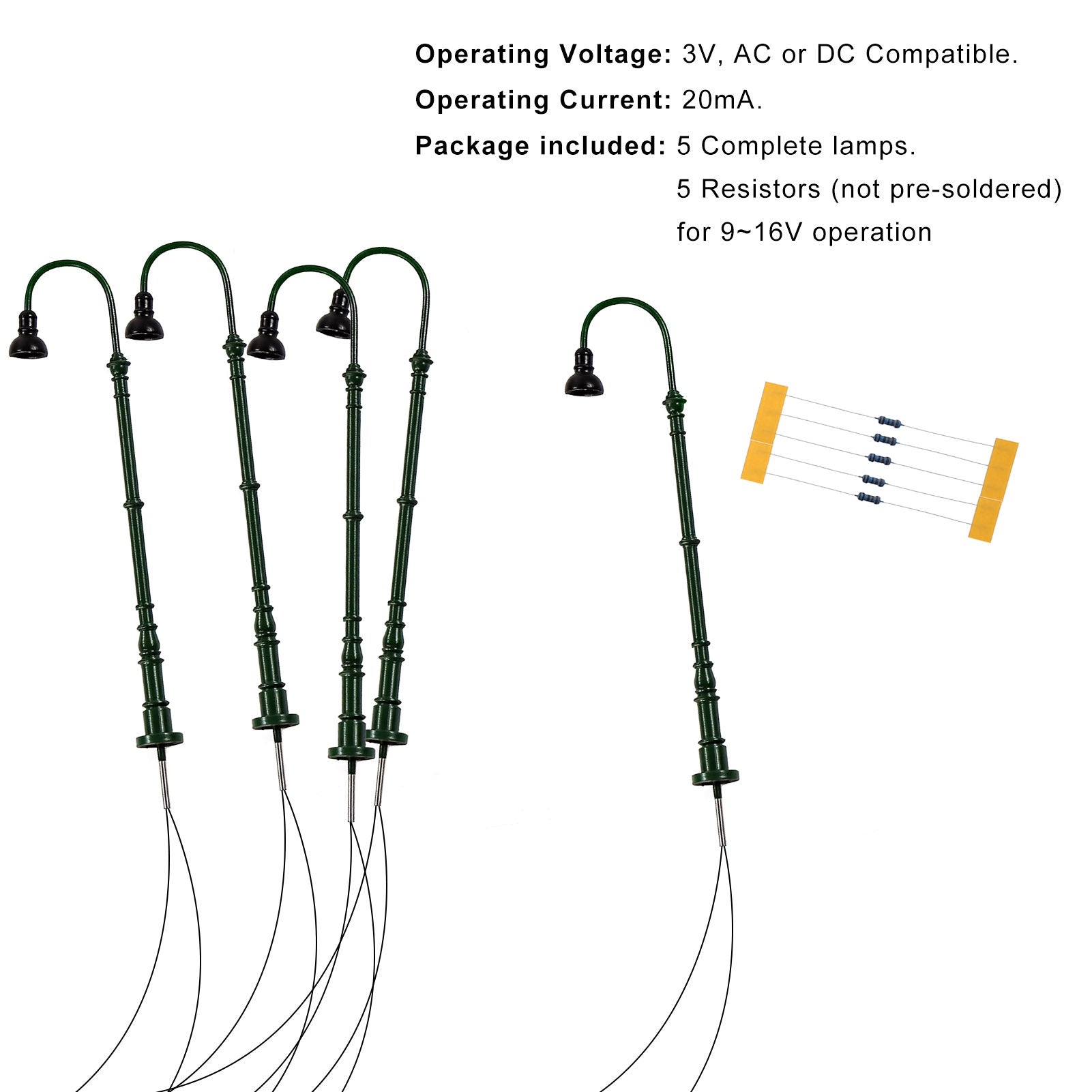 LD40 5pcs N Scale 1:160 Green Metal Gas Lamps Warm White LED Model Railway