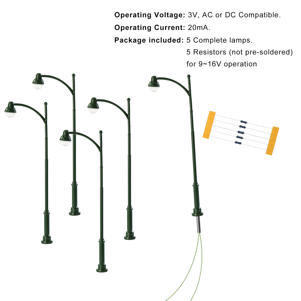 LD43 5pcs HO N Scale Model Trackside Lights Green Post Long-Neck Lamps