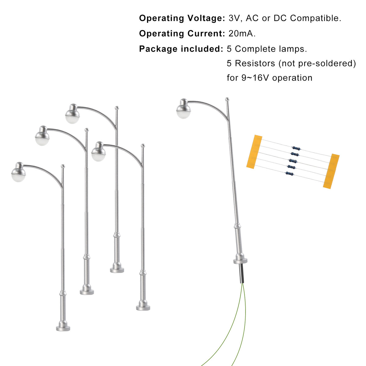 LD43OWMSi 5pcs O Scale 1:43 Silver Street Lights Long-Neck Model Lamps