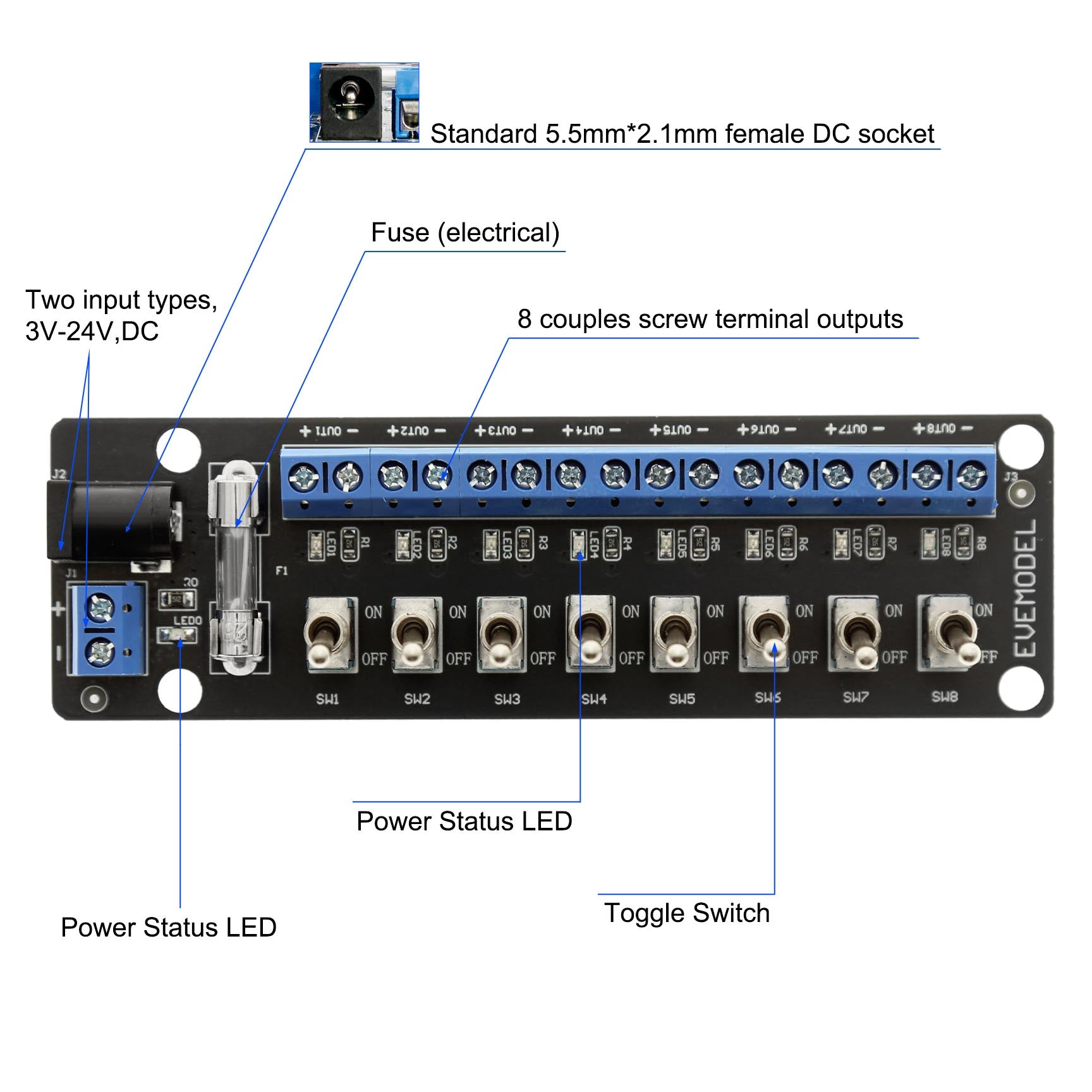 PCB019 1 Unit 3V-24V DC Individual Toggle Switch Power Distribution Module 8 Channel