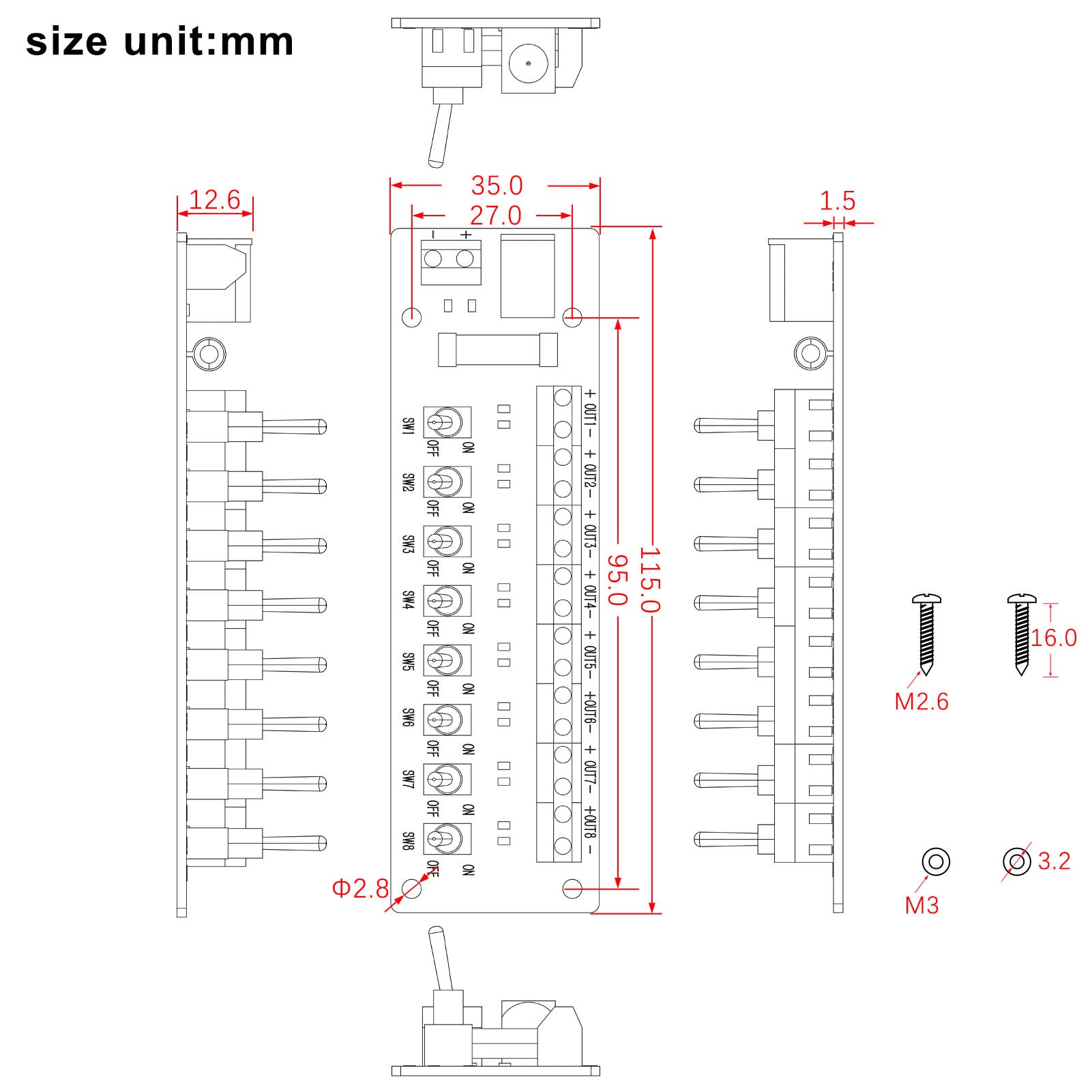 PCB019 1 Unit 3V-24V DC Individual Toggle Switch Power Distribution Module 8 Channel