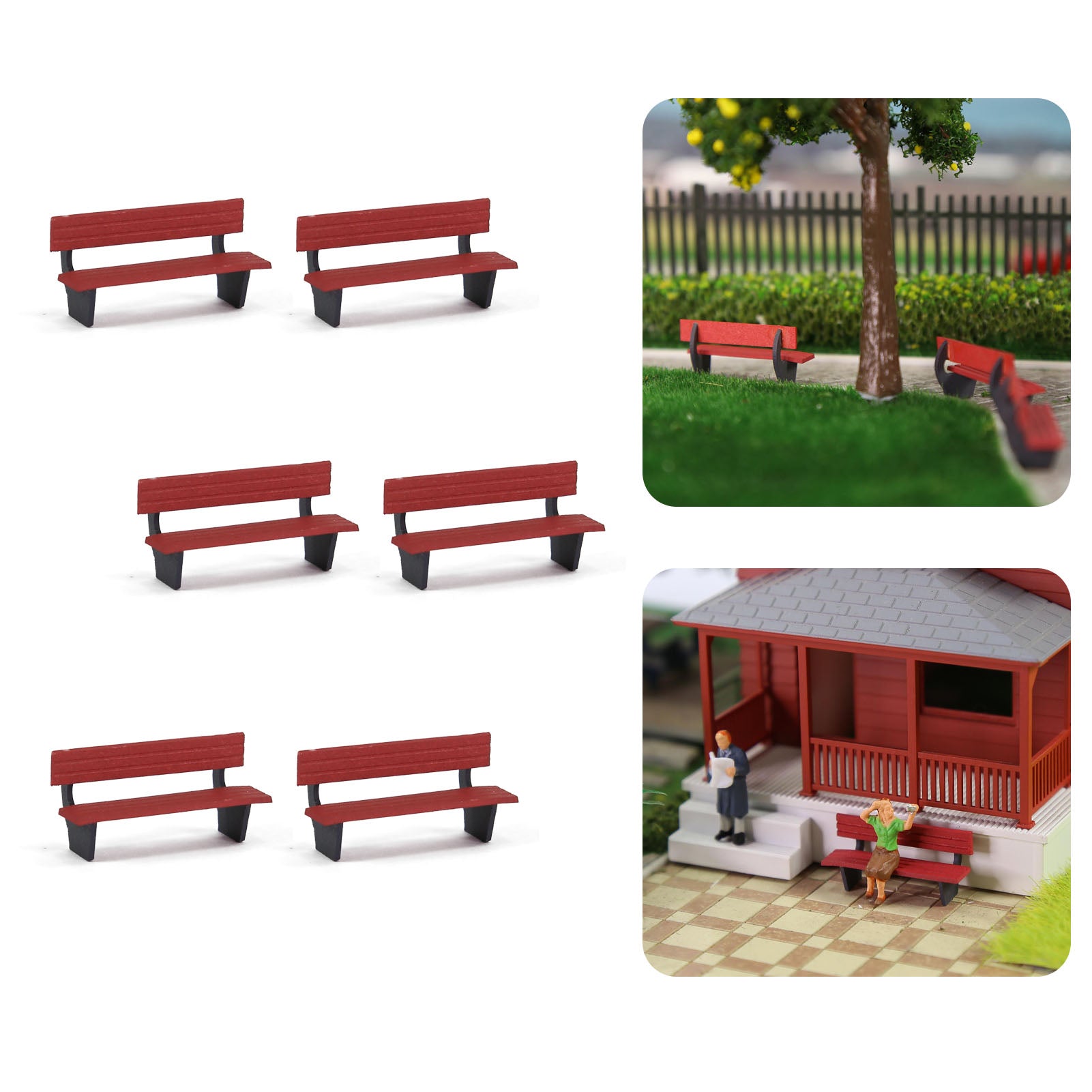 ZY39087 12pcs HO Scale 1:87 Garden Park Red Benches Street Seats Chairs