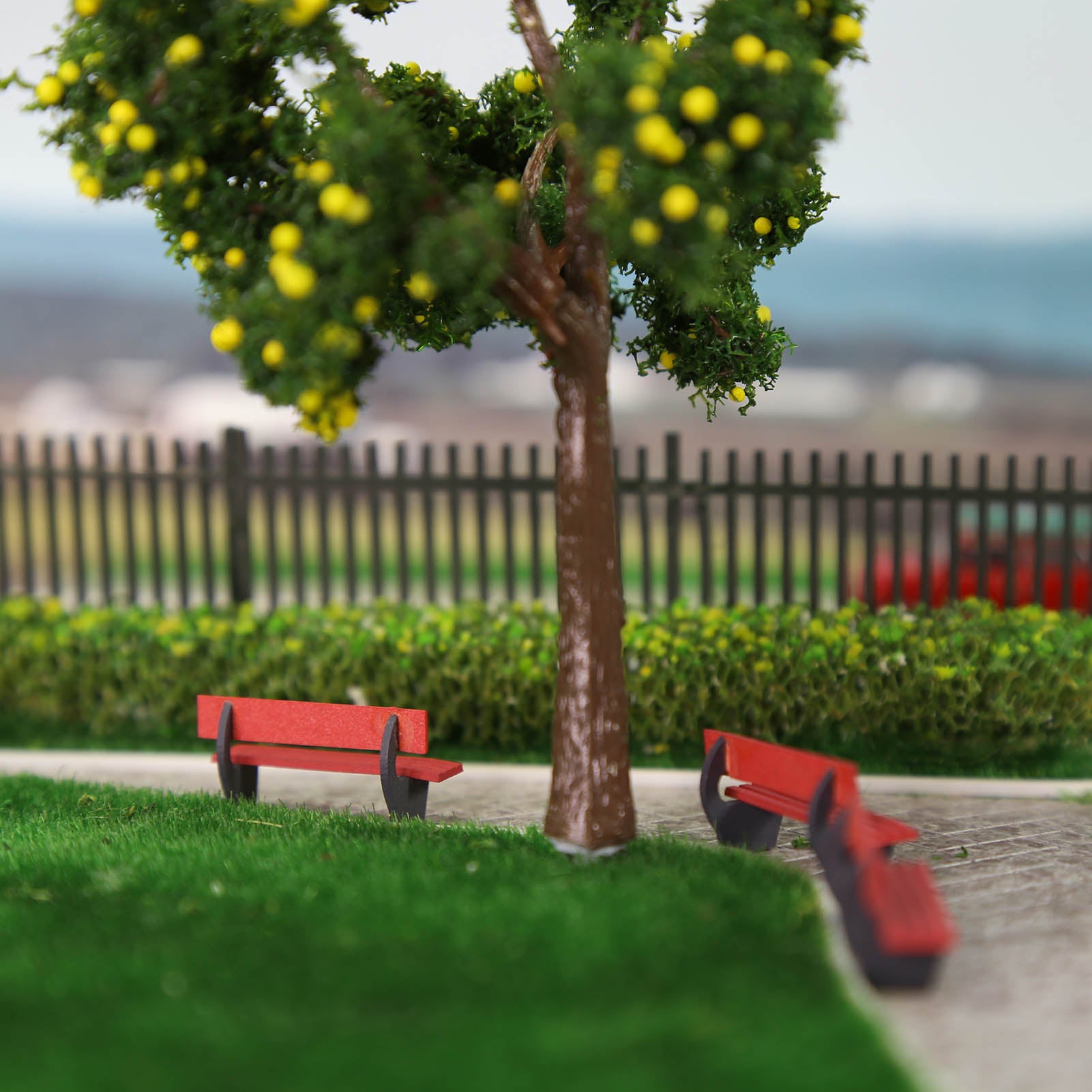 ZY39087 12pcs HO Scale 1:87 Garden Park Red Benches Street Seats Chairs