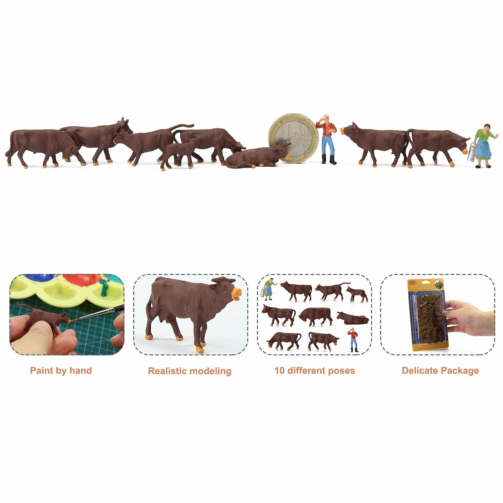 AN8721 36pcs HO Scale 1:87 Painted Brown Cows Cattle Shepherd