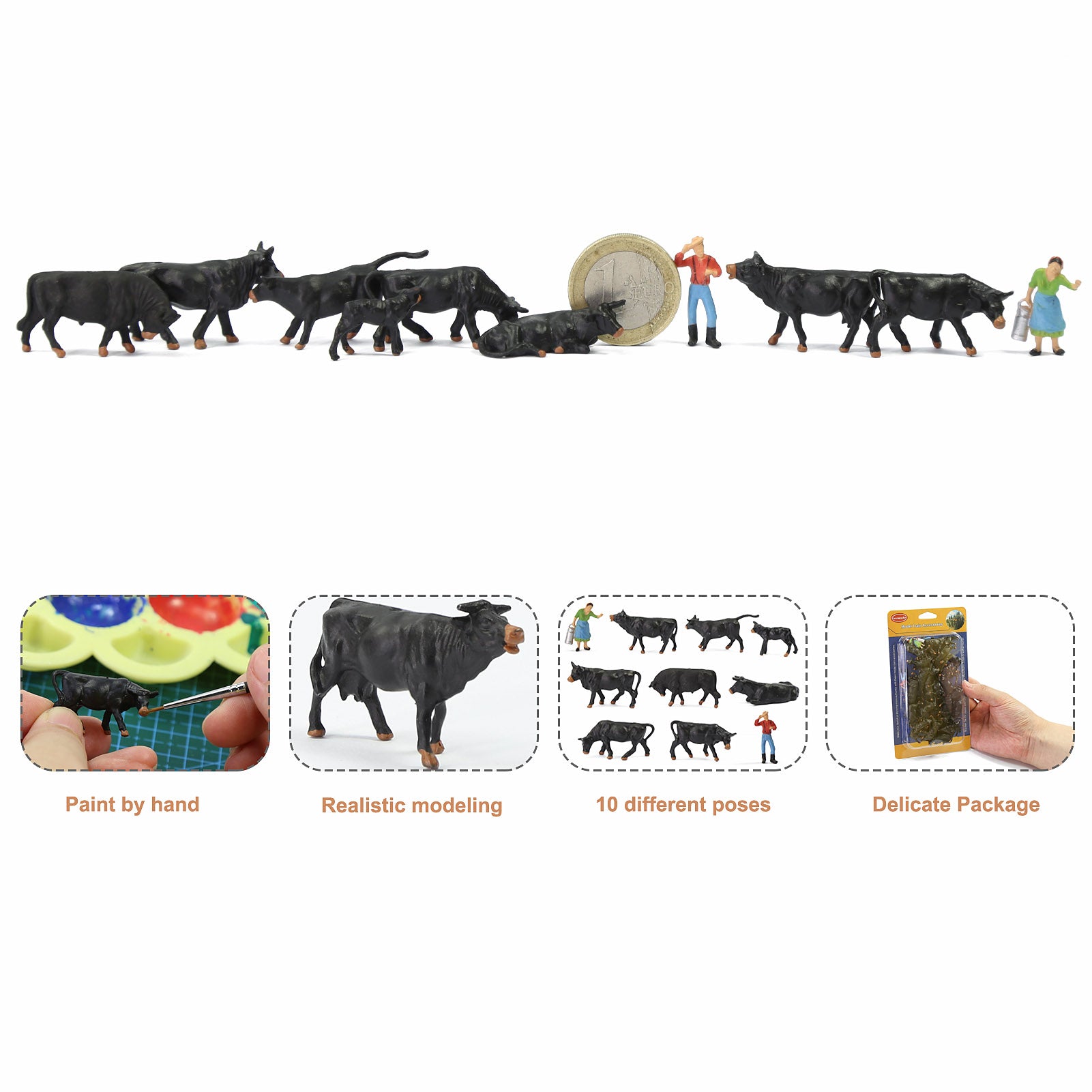 AN8722 36pcs HO Scale 1:87 Painted Black Cows Cattle Shepherd