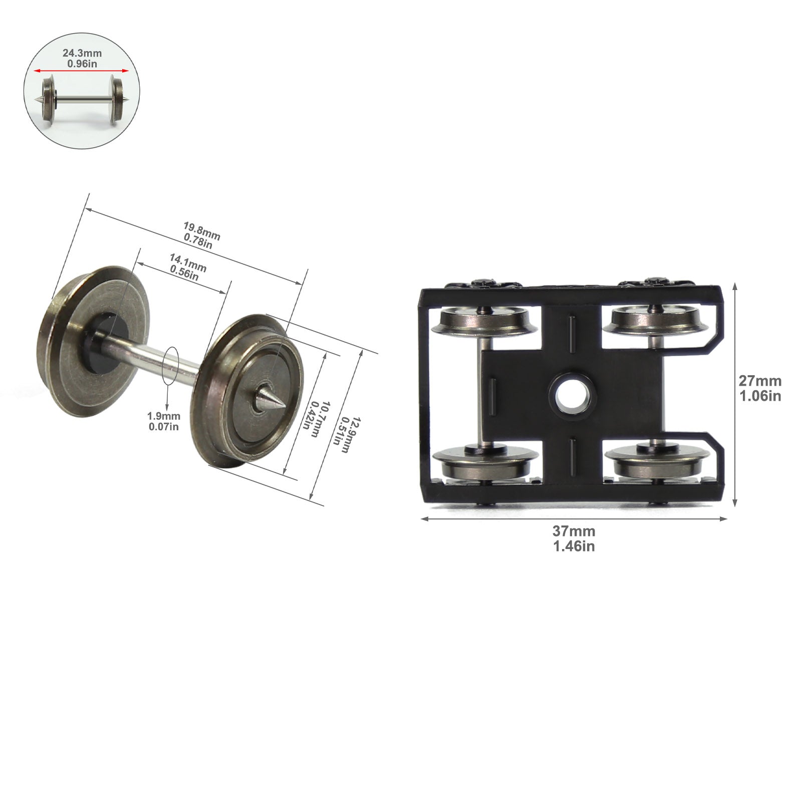 HP0687 2pcs HO scale 1:87 Bogies with 36" Metal DC Wheels